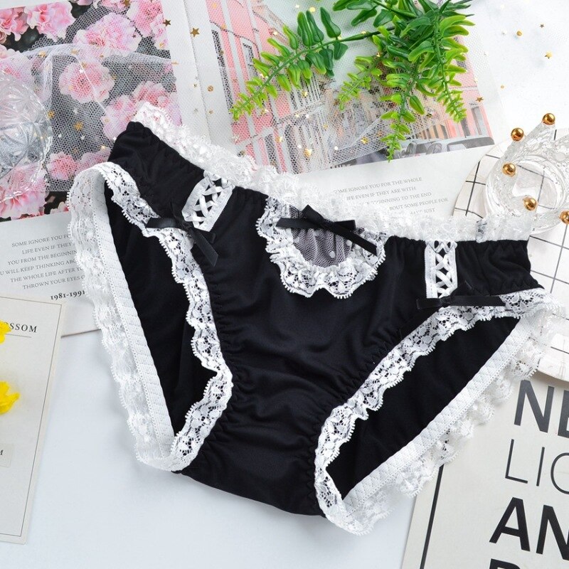 Milk Silk Japanese Style Cute Lovely Sweety Sexy Lace Underwear Lolita College Cartoon Cosplay Girls Panties Low Waist Breifs: black / XXL