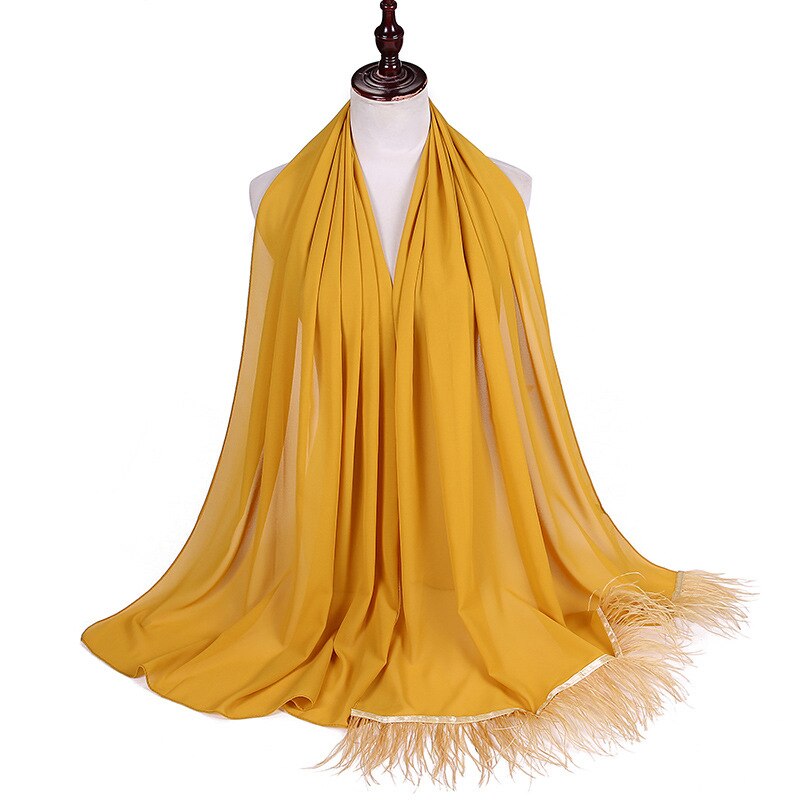 Trend Feather Hijabs Turban Chiffon Single-Side Short Feather Stitching Scarf Long Shawl For Muslim Women Headscarf: 7 ginger yellow