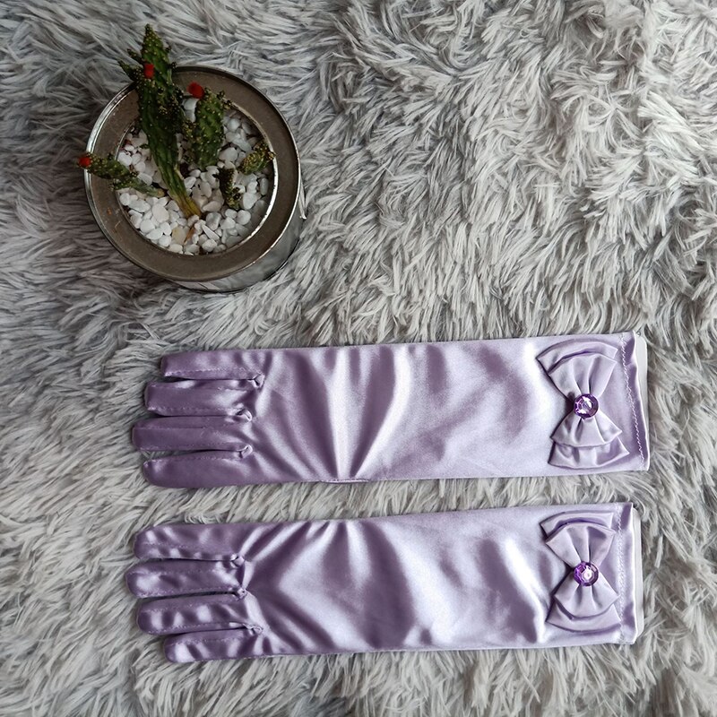 Guantes largos de baile de princesa para niños, vestido de novia de satén para niñas, accesorios de disfraz con lazo, de cumpleaños y Navidad: Púrpura claro