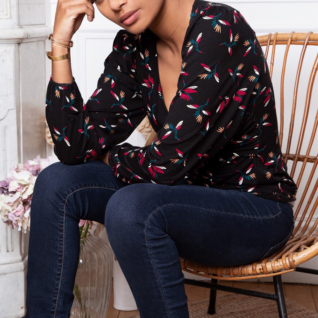 Mujeres impresión embarazada Nusring maternidad cuello en V manga larga volantes estampado blusa maternidad blusas zwangerschaps cleding
