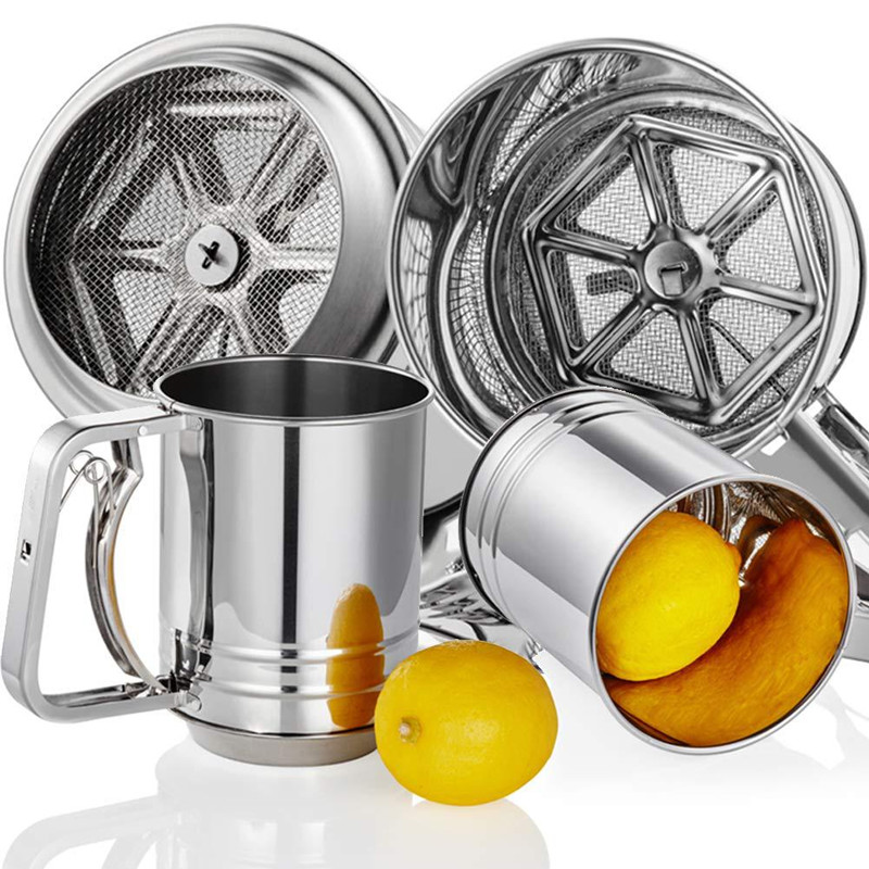 Hand-held thick stainless steel medium flour sieve powder cup sieve semi-automatic hand-held cup filter tool cake handmade sieve