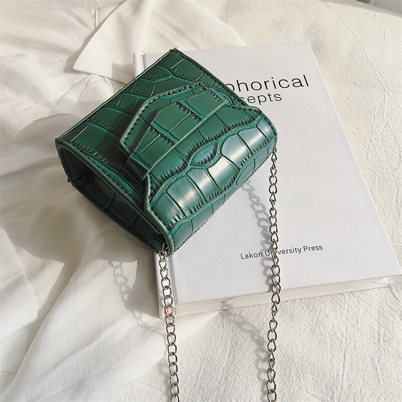 Mini lille firkantet taske sommer pu læder kvinders håndtaske krokodille mønster kæde skulder messenger tasker: Grøn firkant