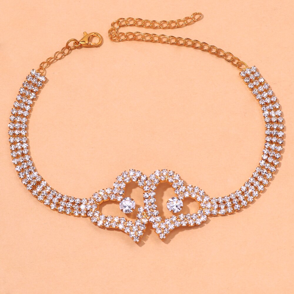 Stonefans-tobillera de corazón doble de diamante de imitación para mujer, pulsera de cadena de tenis de cristal, de joyería: Color dorado