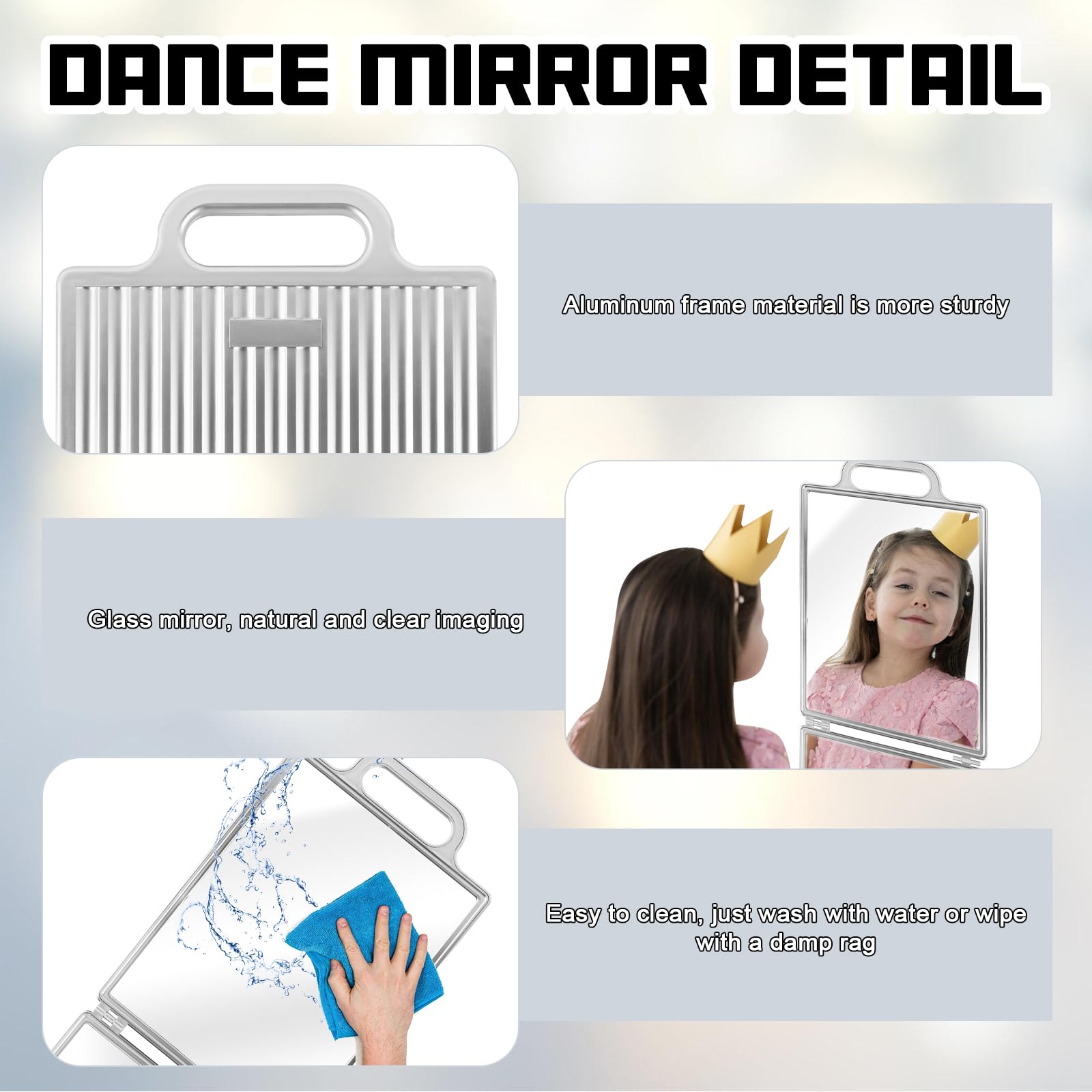 Opvouwbare dansspiegel, 1 inch met handvat en draagtas, draagbare opvouwbare spiegel voor thuisfitnessstudio, dansoefening, spa, schoonheid