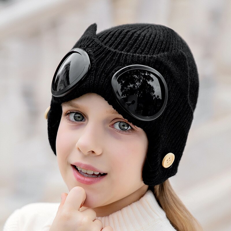 Art 2 in 1 Rippen betroffen Mütze Hütte Mund Maske einstellen Winter Warme Winddicht Schnee Gefesselt Earflap Kappe mit Brille brille: Schwarz
