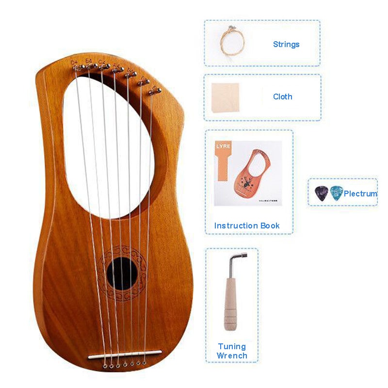 7 Strings Lyre Harp Mahogany Wood Come With Instruction Tuning Wrench Plectrum Cloth Greek Small Instrument Special Musical: European Pattern
