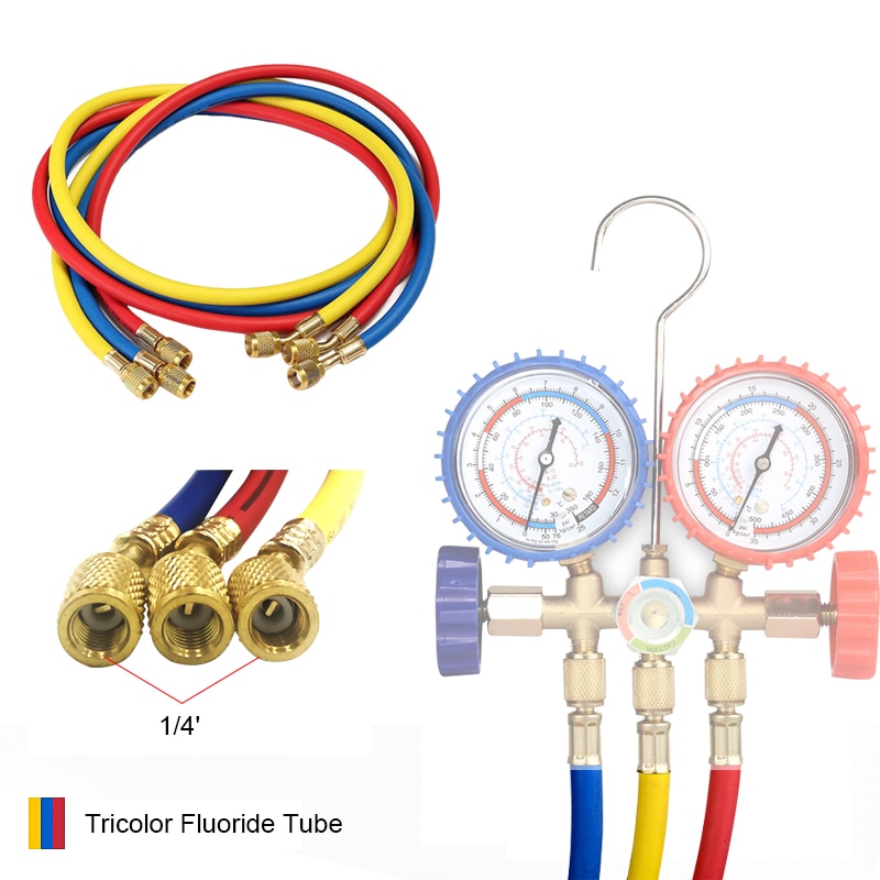 Conjunto de manguera de carga de refrigeración A/C para refrigeración de aire acondicionado HVAC, Juego de manómetro de colector SAE de 1/4 pulgadas para R134a R404 R410a R22