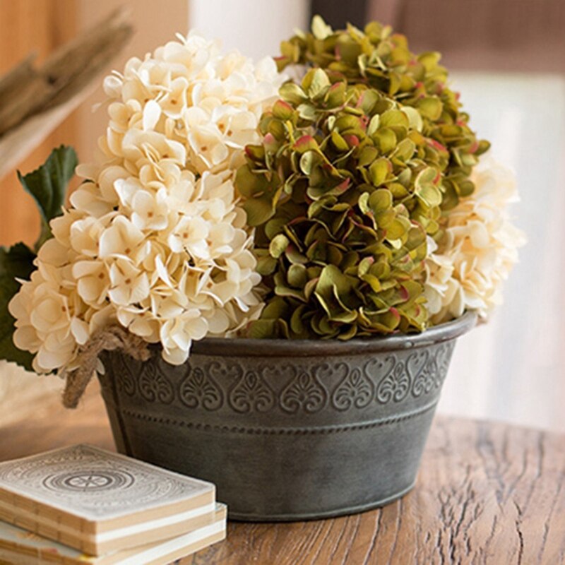 Wastafel Amerikaanse Platteland Vintage Stijl Ronde Gegalvaniseerd Kruid Planter Met Hennep Touw Handvat 22X9.5cm