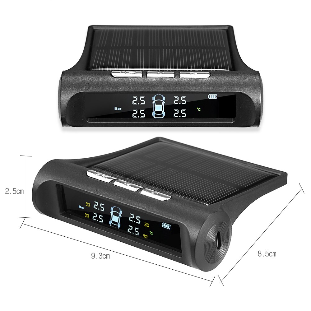 Bil tpms dæktryksovervågningssystem solenergi digitalt lcd-display autosikkerhedsalarmsystemer med 4 eksterne sensorer