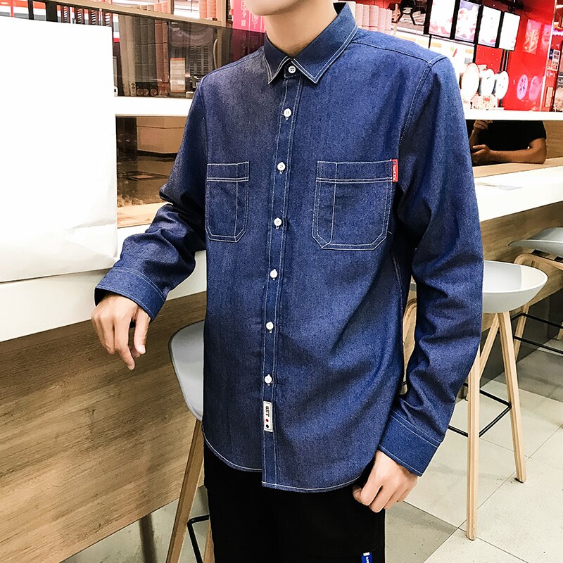 Lente Mannen Casual Zwarte Denim Shirt Slanke Lange Mouw Mannen Drie-Kleur M-4XL