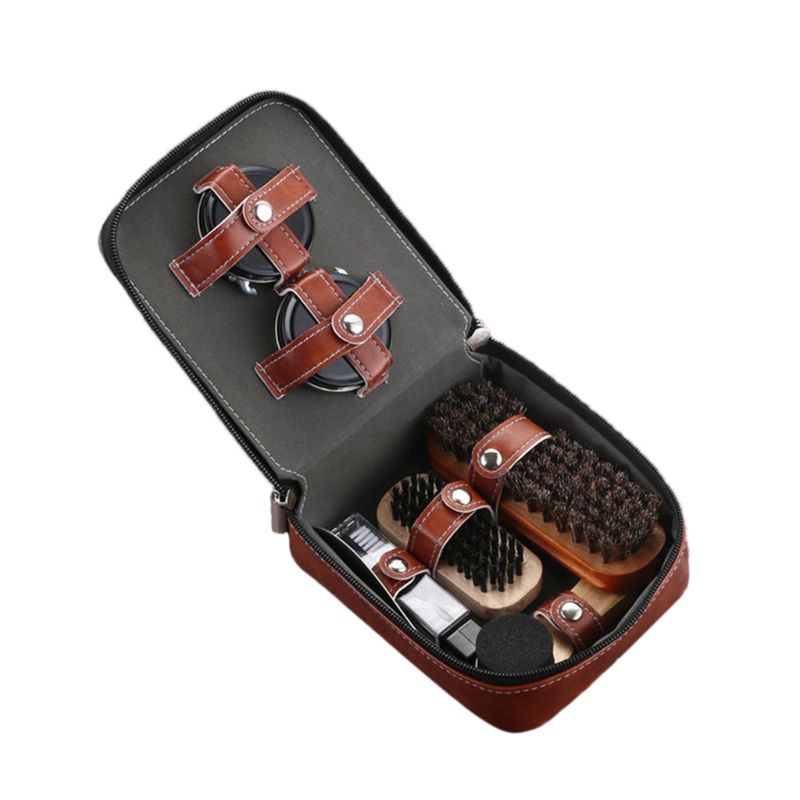 leather shoes care tools 9 pieces, horse hair brush, black shoe polish, sponge brush, shoe polisher, shoehorn,