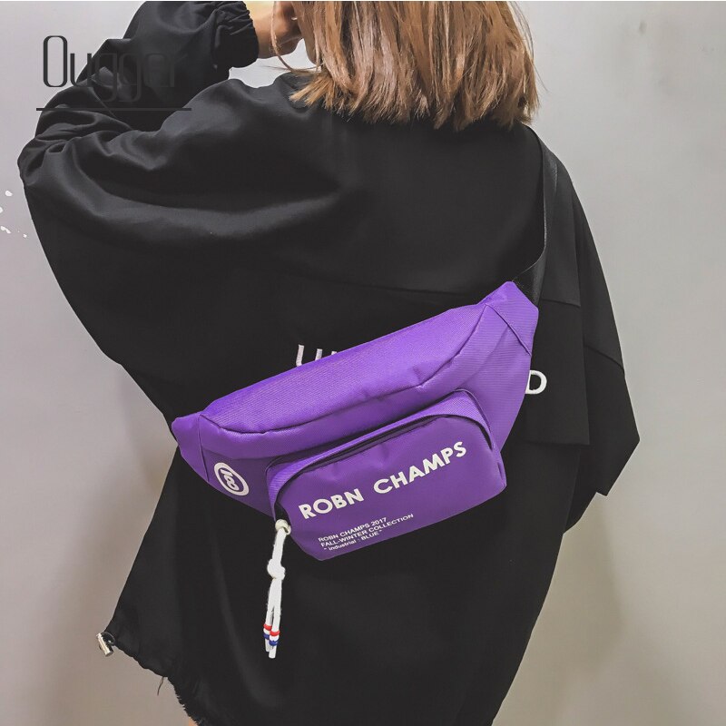 OUGGER Hip Hop Chest Bag Women Fashionable Versatile Canvas Waist Bag Letter Printing Simple Cool Hip-hop