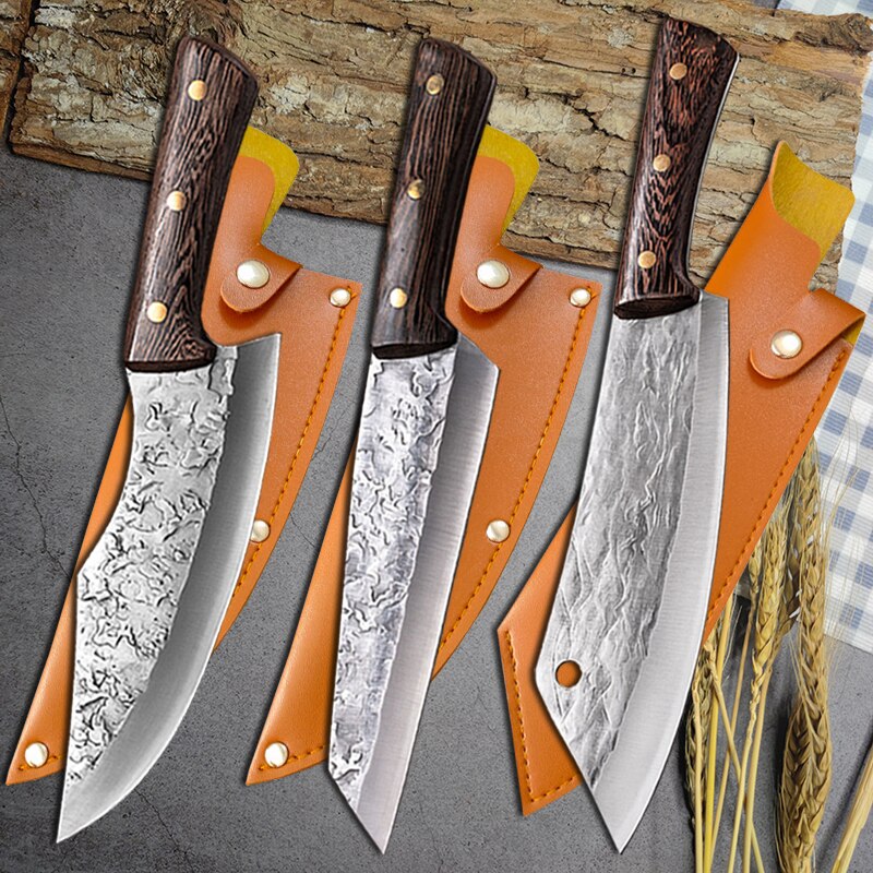 3/4PCS Set Forging Kitchen Boning Knife Full Tang Handle Handmade Steel Boning Knives Chef Slicing Cutter Santoku Cleaver: Option 3