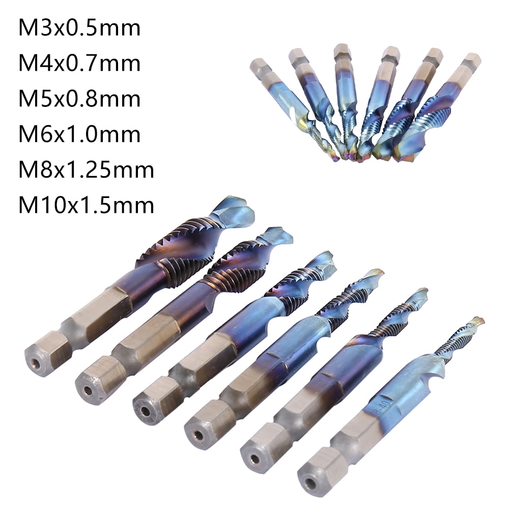 6pcs 1/4 Hex Shank HSS metric Thread tap HSS drill bits spiral trapezoidal tap Hand Screw Taps M3 M4 M5 M6 M8 M1O tap sets