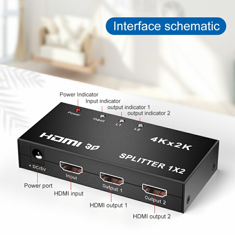 Full HD HDMI Splitter 1X2, 2 Port Hub Repeater Amplifier