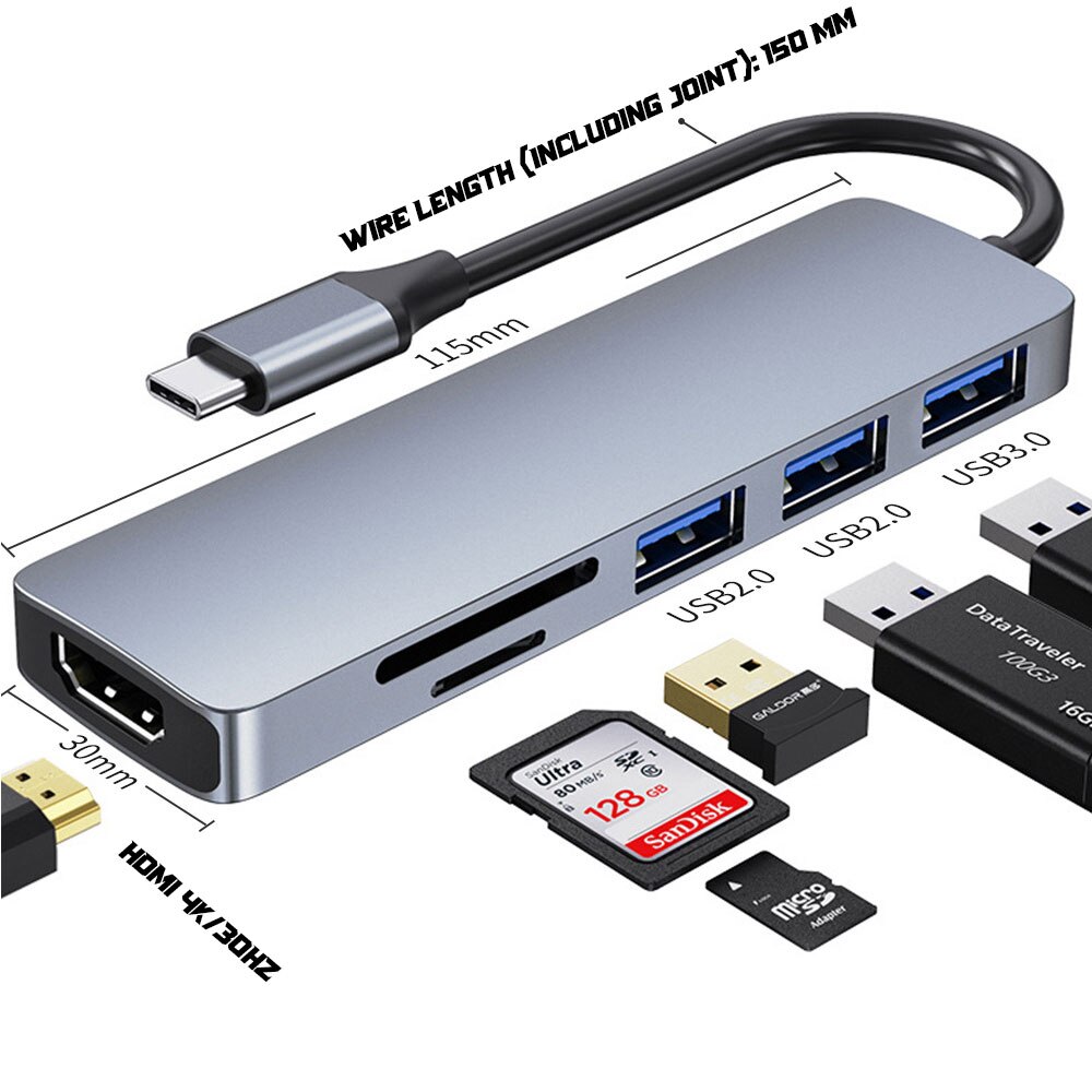 6 em 1 adaptador multiport da estação de acoplamento com hdmi 4k, 3 usb, leitor de cartão sd/tf para portáteis do tipo c do macbook