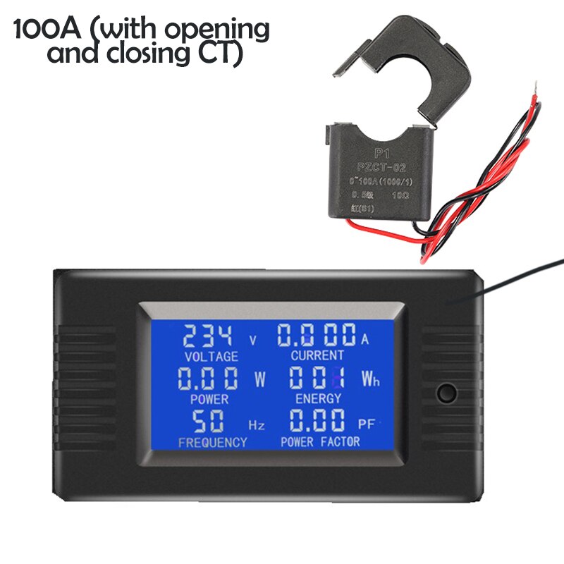 6 In1 Multifunctional Single Phase Digital Panel Ampermeter Volt Watt Kwh Power Factor Meter With Split CT Backlight LCD Screen: 100A with opening CT