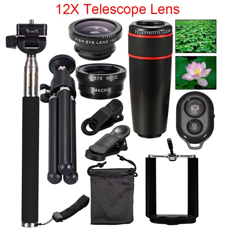 10 in 1 Mobile Phone Camera Lens Kit 12/8X Zoom Telephoto Lens Fish Eye Wide Angle Macro Lens With Selfie Stick Tripod Bluetooth: Black- 12X Lens