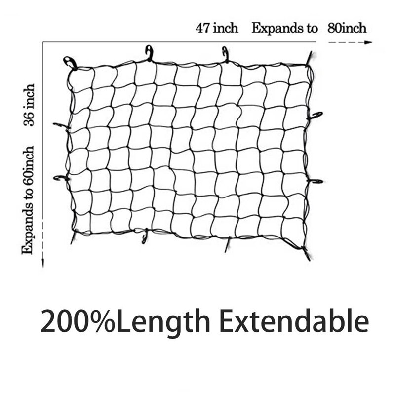 47 Polegada x 36 Polegada rede de carga bungee net se estende a 80 Polegada x 60 Polegada malha detém mais de 200 libras cargas, 16 ganchos ajustáveis