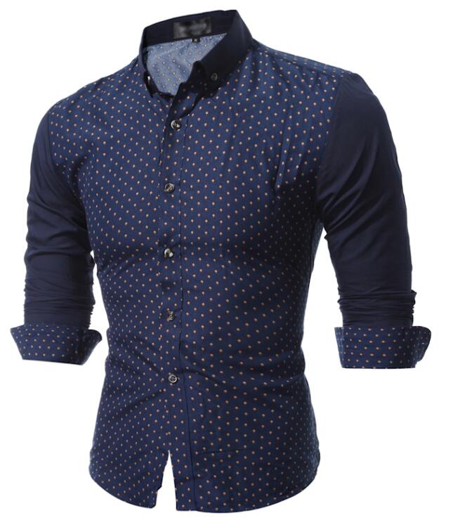 Vogue Brand Nice Male Shirt Long-Sleeves Tops Splicing Small Mushrooms Mens Dress Shirts Slim Men Shirt 2XL: navy blue / 2XL