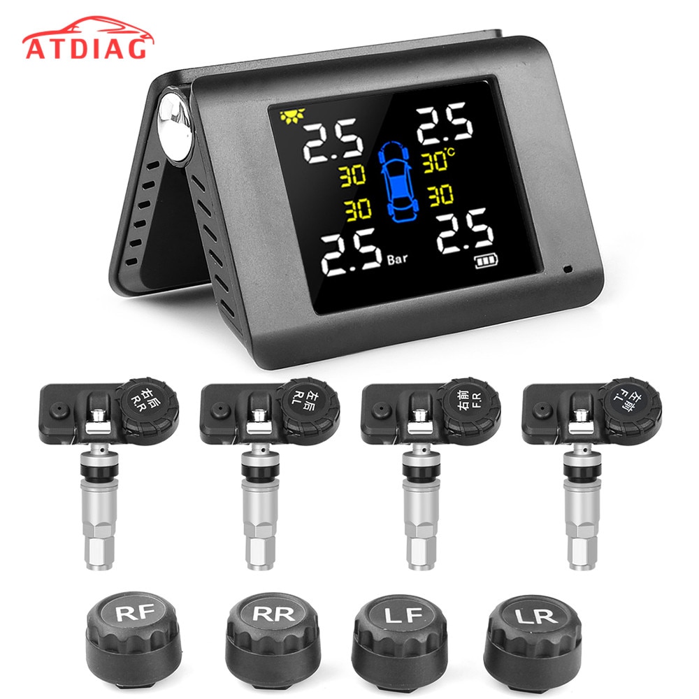TPMS Solar Power Tyre Pressure Monitoring System with 4 Sensors LCD Real-time Display Car Tire Pressure Auto Alarm System