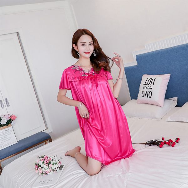 Sexy Summer Fat MM Ice Silk Nightdress Ladies Nightgown Casual Home Dress Pregnant woman Loose Sleepwear Sleepshirt Dress: rose red