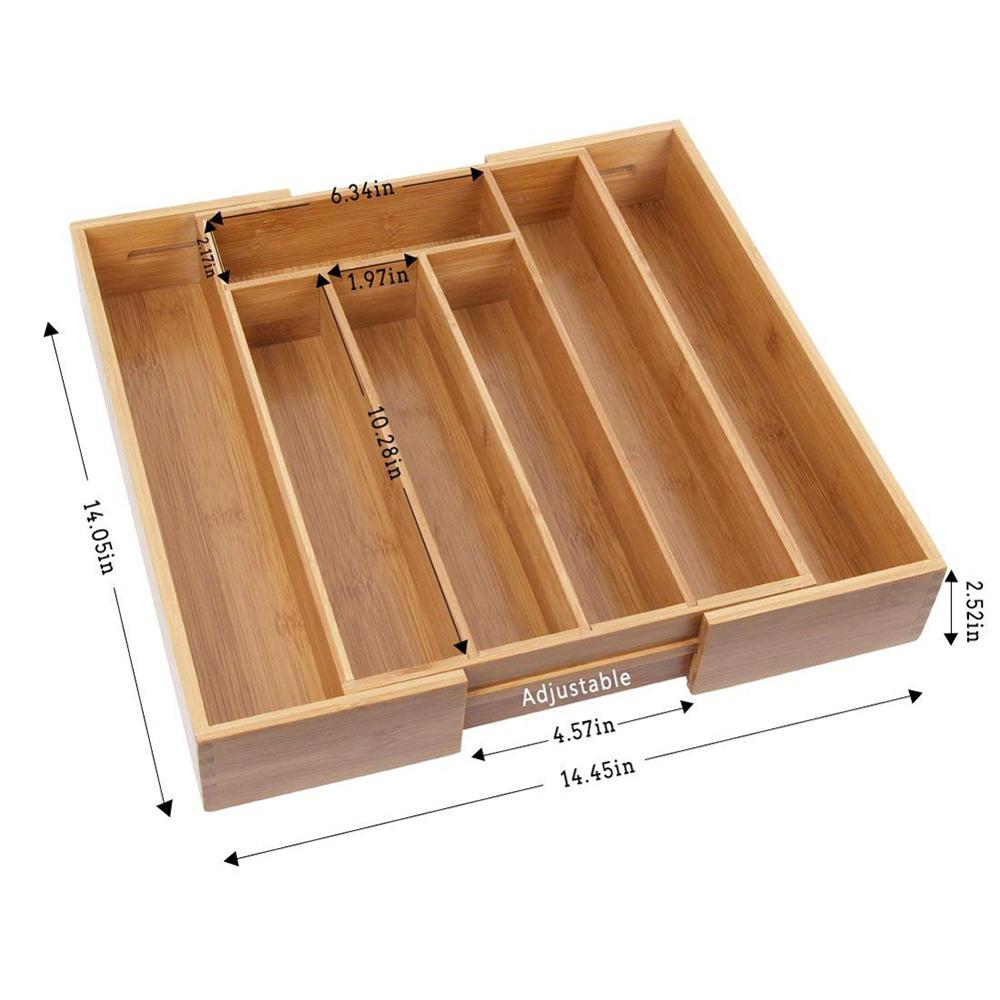 Kitchen Drawer Organizer Retractable Bamboo Cutlery Trays for Drawers Partitioned Tableware Knife Spoon Fork Storage Box