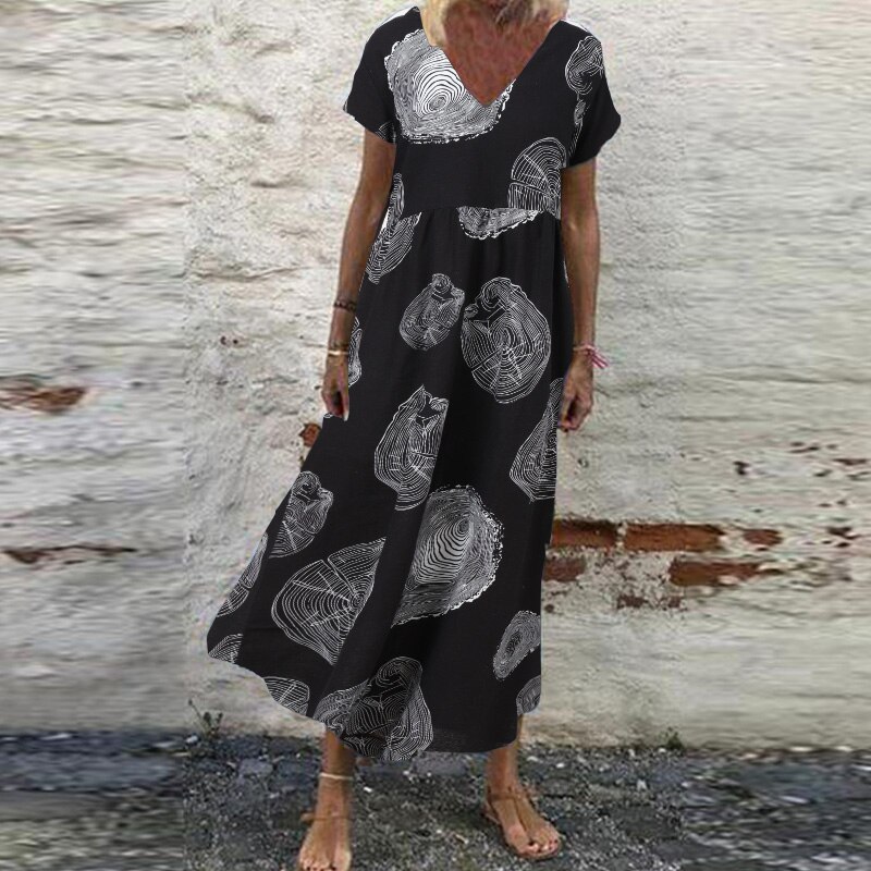 De las mujeres vestido de tirantes de verano estampado Retro vestido Maxi ZANZEA pantalón corto Casual manga Vestisdos mujer cuello en V bata de 5XL: Black / S