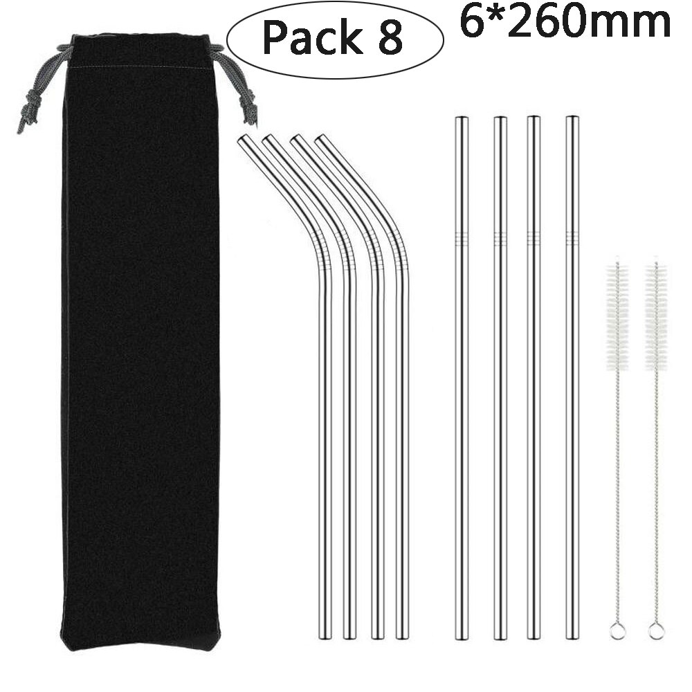 Paille métallique réutilisable 260x6mm, en acier inoxydable 304 de avec brosse de nettoyage pour tasses 20/30oz,: Pack8-2Brush-Bag