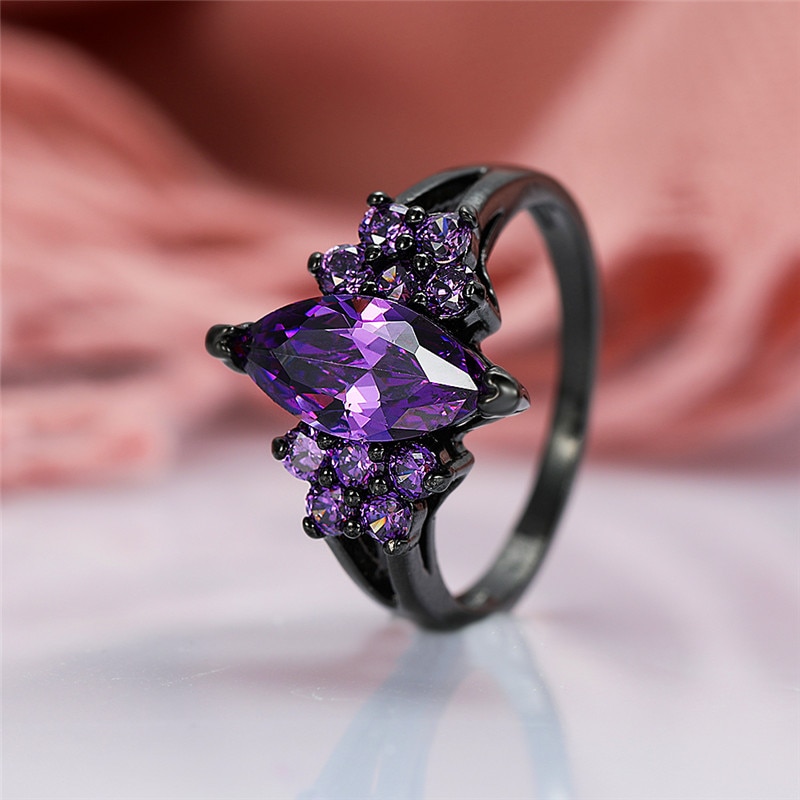 Female Small Purple Stone Ring Vintage Black Gold Wedding Rings For Women Promise Love Engagement Ring