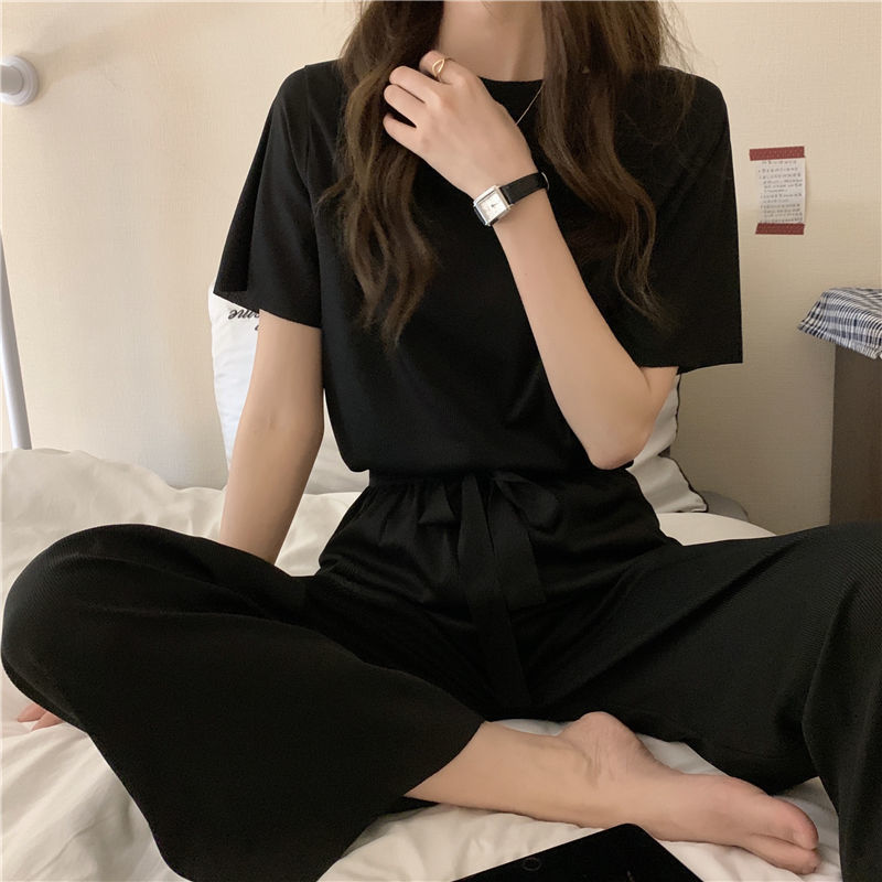 Kesäpuku naisille ranskalainen yksivärinen jääsilkki yöasut pyjamat kaksiosainen setti kotiasut yöasut mukavat pyjamat: Musta / L