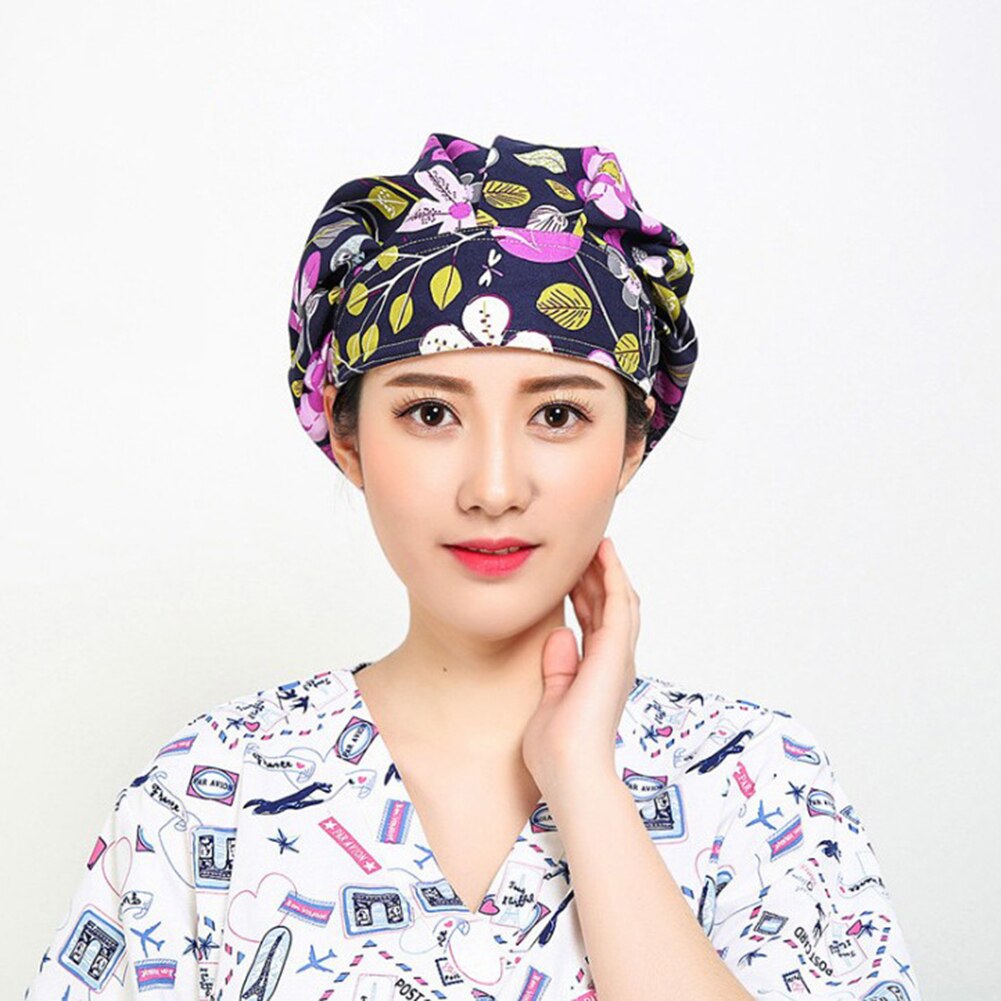 Blommigtryck skrubbmössa salong kosmetolog kock dammsäker bouffant justerbar hatt andas kök arbetar lampsvart mössa