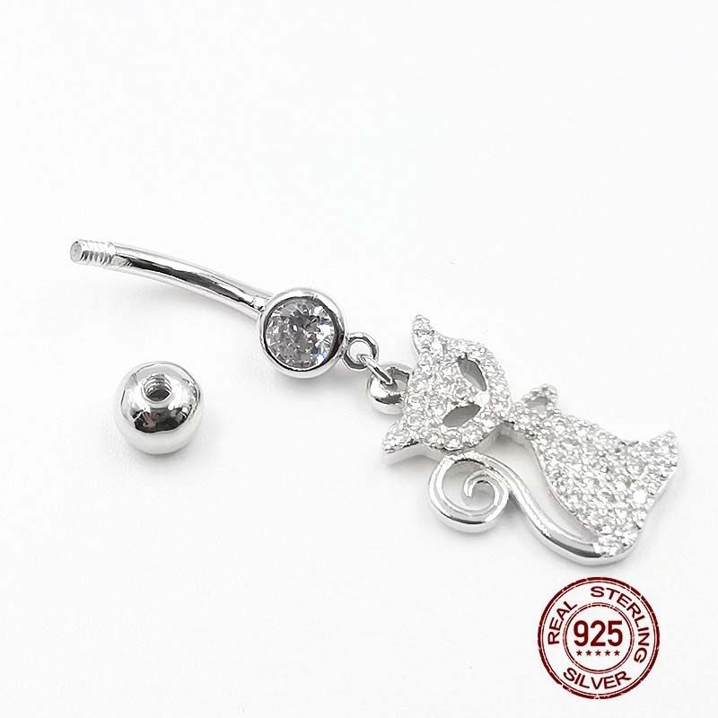 HelloLook – Piercing de nombril en argent Sterling 925, bijoux pour le corps, chat en Zircon, mignon, Dangle, nombril, Sexy