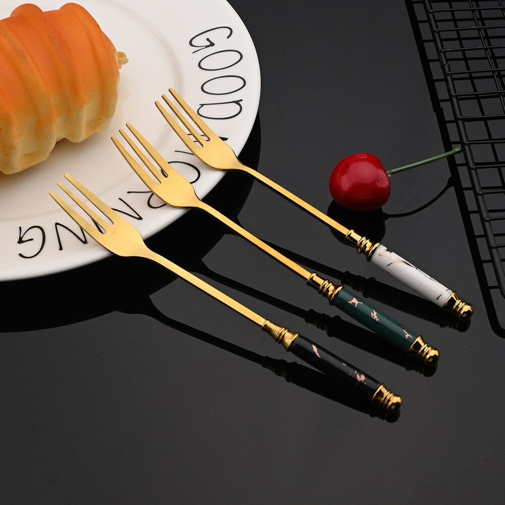 4/20PCS Gold Stainless Steel Flatware Cutlery Set Dinnerware Set Emerald Marble Ceramic Handle Knife Fork Tea Spoon Dinner Set