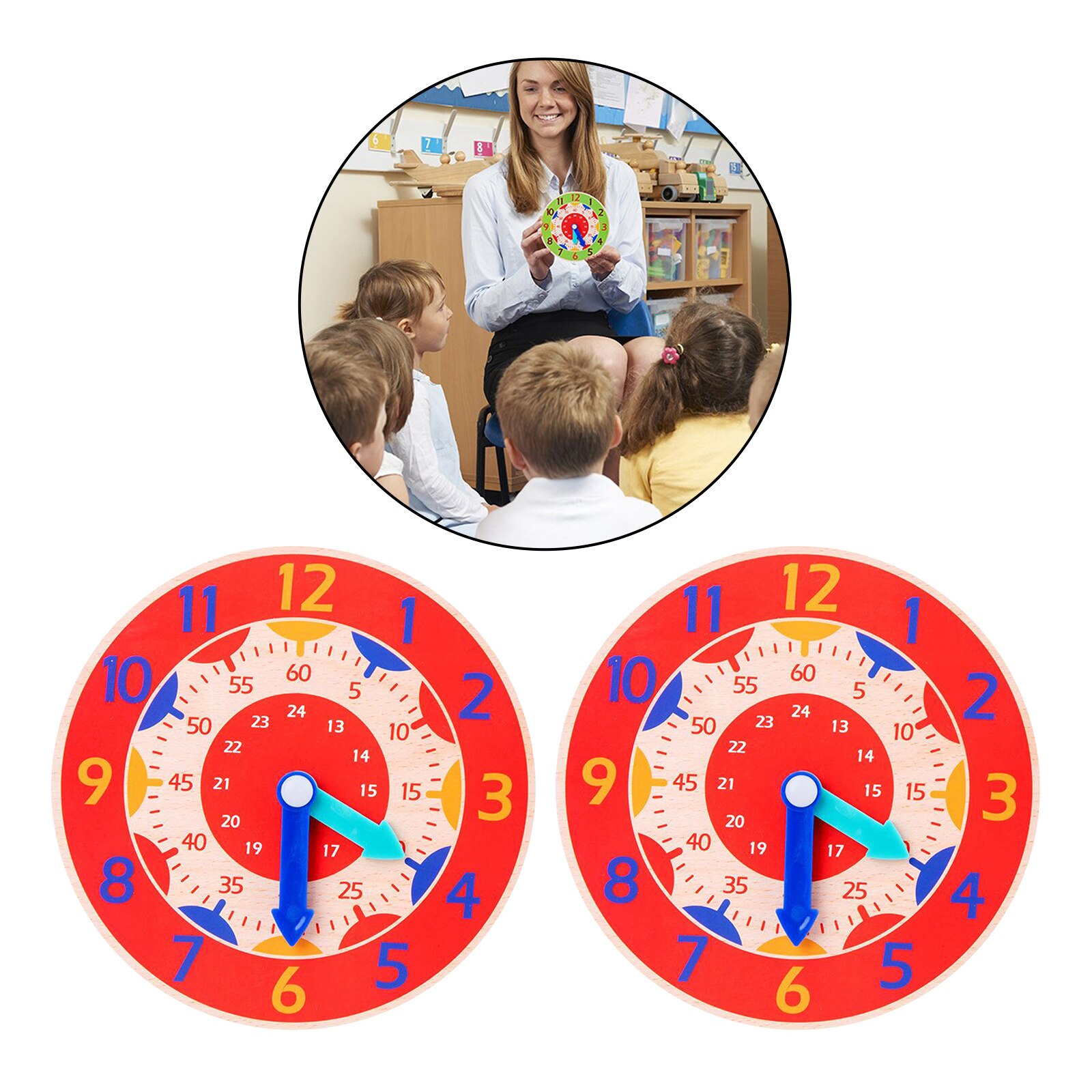 Wooden Clock Toy Learning Time Teaching Aids Toys Early Pre-school Accs: red
