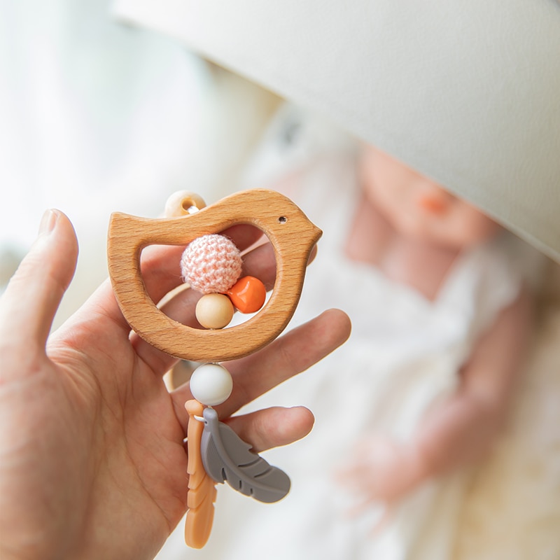 1pc baby træbitring dyr stjerne mobilholder tændingsvedhæng træ gym gnaver musik rangle silikone perler halskæde klips