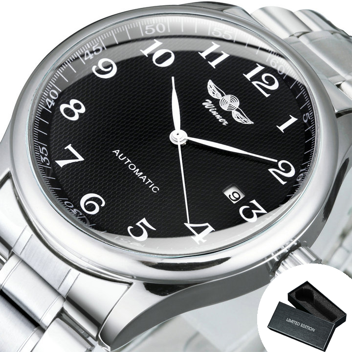 Winner Klassische Business-Armbanduhr für Herren, Retro-Kalender, blaue Zeiger, automatische mechanische Uhren, Top, Luxus-Stahl-Ledergürtel