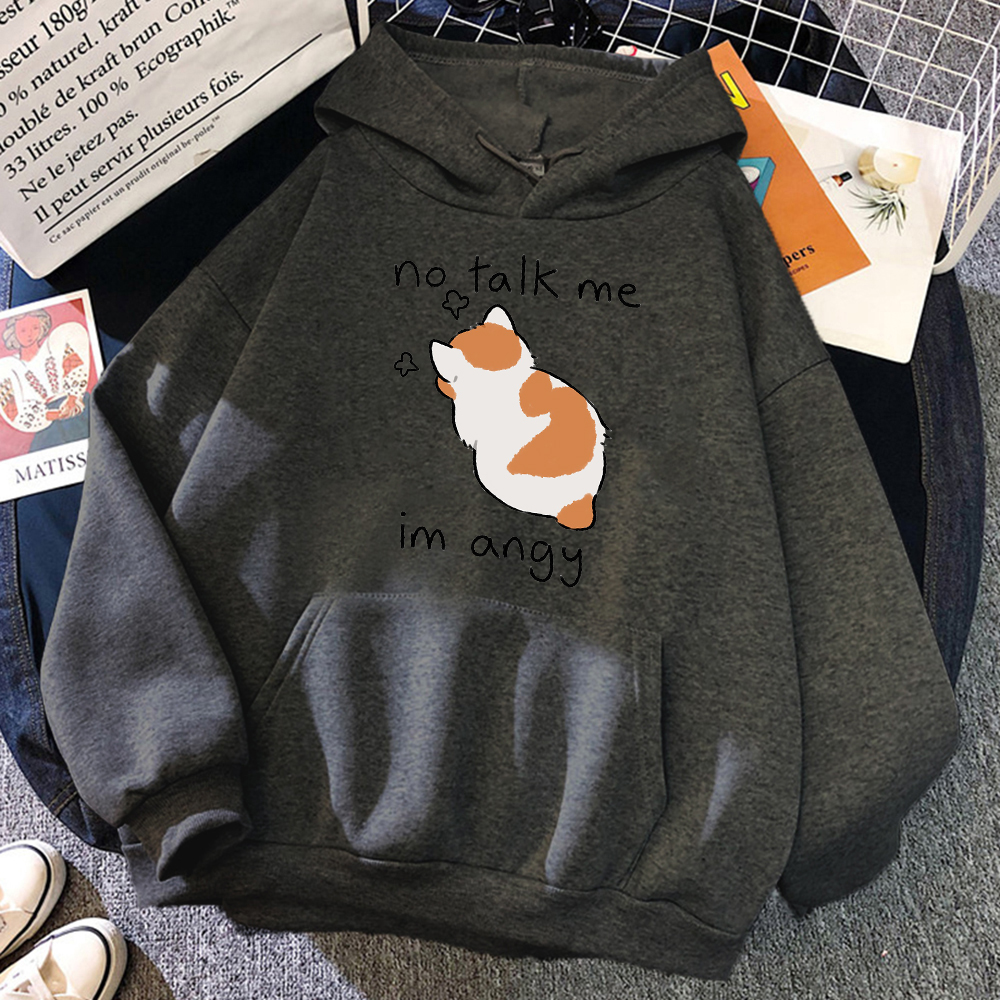 No Talk Me-Sudadera con capucha con estampado de gato enojado para mujer, sudaderas suaves de Hip Hop, jerséis de lana informales, ropa de calle de lana de gran tamaño para mujer: XXL / Gris oscuro