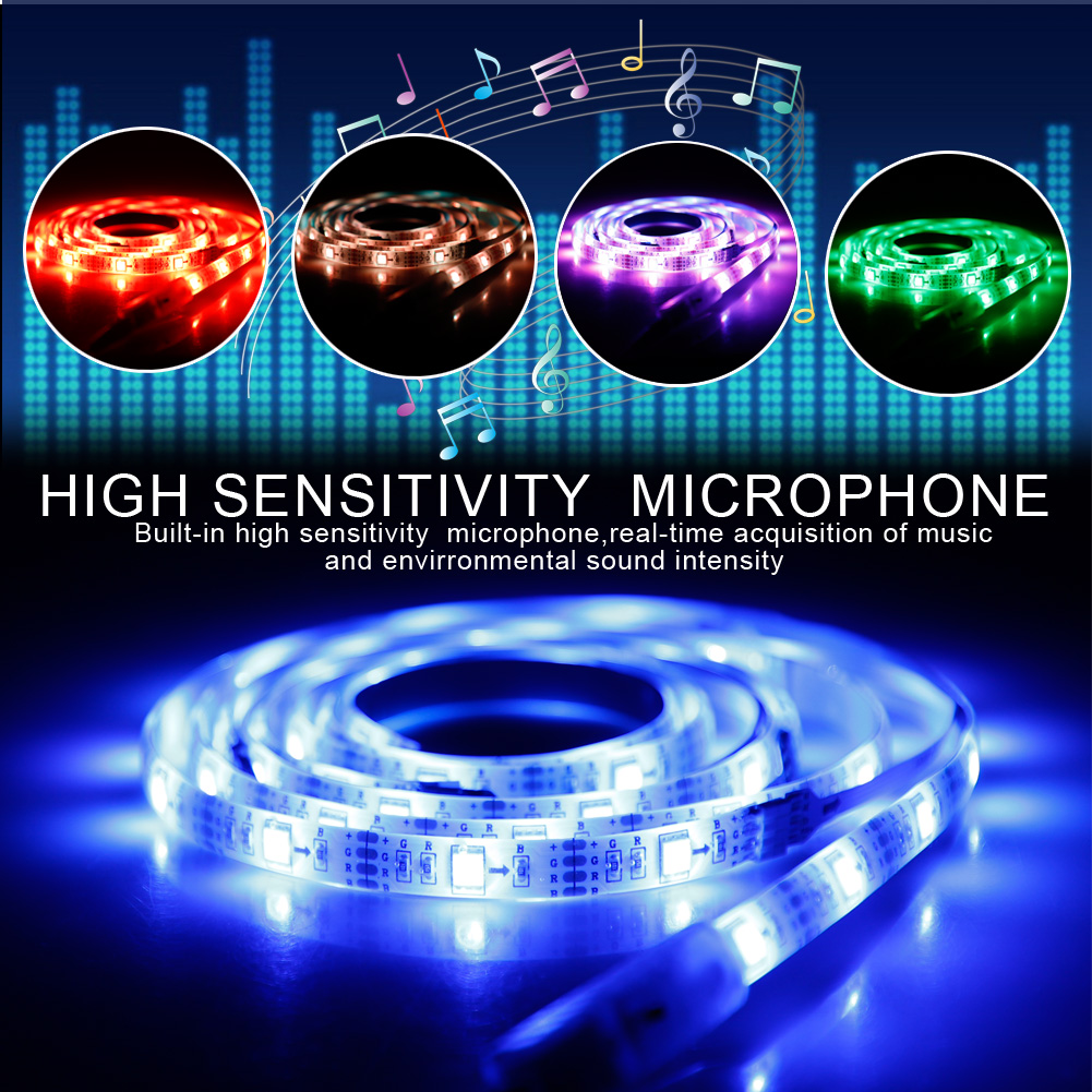 Juego de tiras de luces LED RGB de 2m, cinta de luces impermeables para música, luces de colores cambiantes con cable con mando a distancia para dormitorio, hogar, TV,