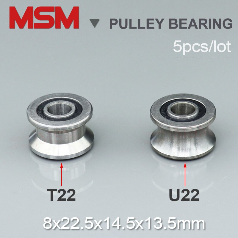 MSM-Rodamientos de bolas de ranura en U, 5 uds., U22, 8mm, rueda de rodillo de polea de pista T22, tornillo de perno M8, rodamiento de guía de riel de seguimiento de 8x22,5x14,5x13,5mm