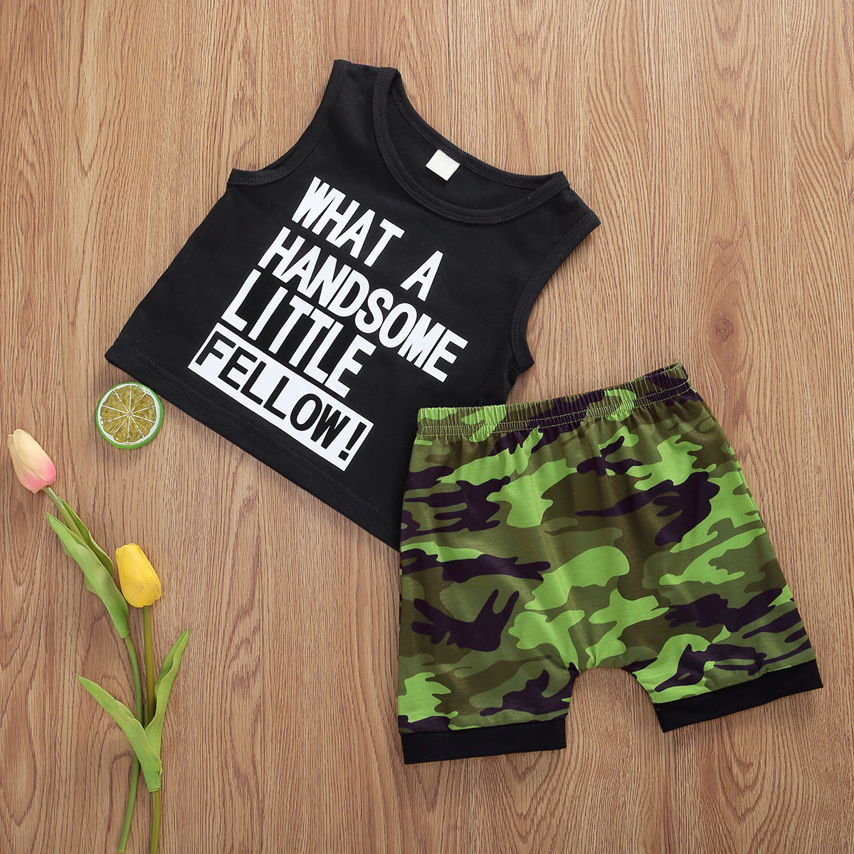 6m-3 år baby drenge sommertøj sæt ærmeløs brev print tank top og camouflage shorts sæt