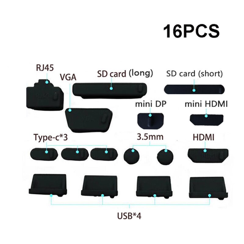 13 Stks/set Voor Macbook Anti Stof Plug Laptop Cover Beschermende Stop Stof Plug Laptop Stofdicht Usb Computer Accessoires: 16pcs black