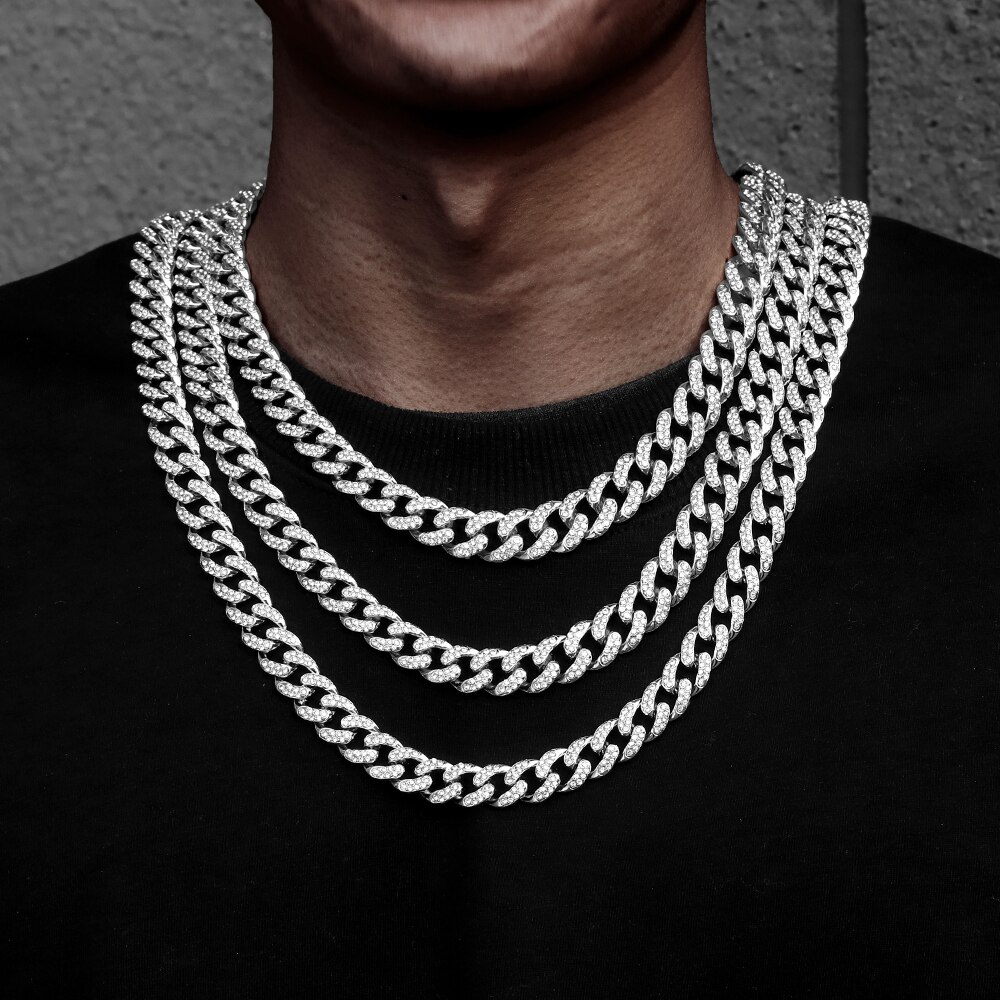 Hip Hop Iced Out Verharde Rhinestones 13Mm Chain Man Zilveren Kleur Iced Out Miami Cubaanse Ketting Bling Mannen Rapper kettingen Voor Mannen