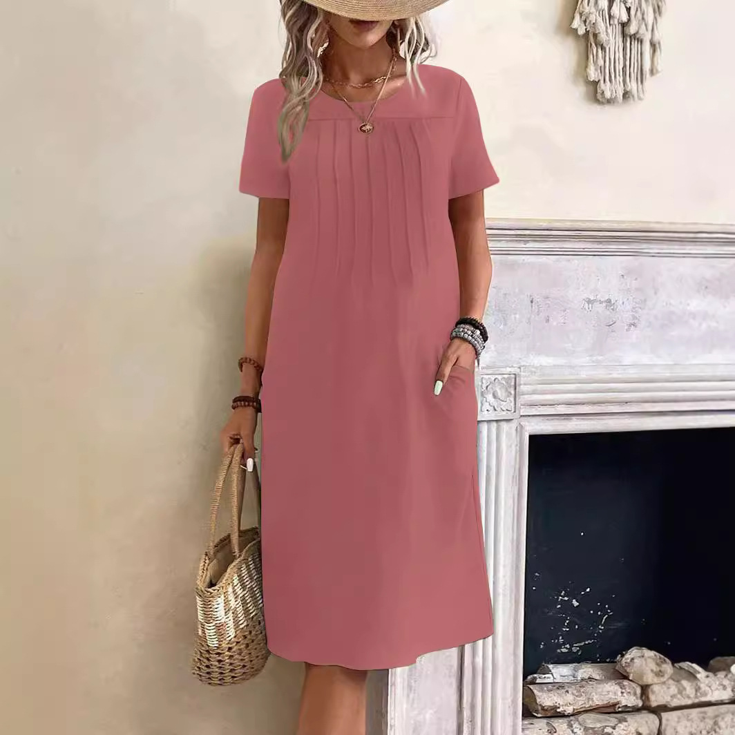 Women Short Sleeved Urban Casual Beach Dress Camisole Style Loose Waist Vacation Solid Office Lady Basic Short Dresses
