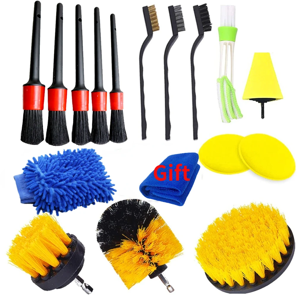 PWS Kit de cepillos para detalles de coches, cepillos para limpieza automotriz, limpieza de aire automática, cepillo de taladro eléctrico, limpieza de polvo y suciedad de coches: Marrón
