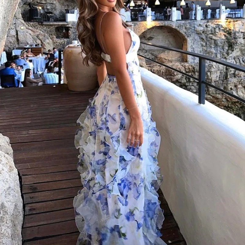 Spring Summer Floral Print Slim Chiffon Dress Female V Neck Ruffle Long Dress Sleeveless Party Dresses Vestidos