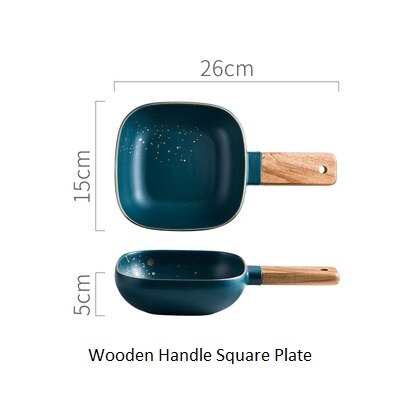 Luxury Retro Green Dinner Plates Set Dinner Marble Glazes Ceramic Party Tableware Set Kitchen Dishes Soup Bowl Cup Dinnerware: Wooden Handle square