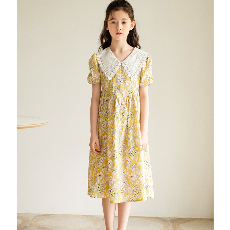 4 Tot 14 Jaar Kinderen Tiener Meisjes Zomer Bloemenprint Katoen Casual Flare Midi Jurk Kind Meisje Kanten Kraag Mode jurken TB1153