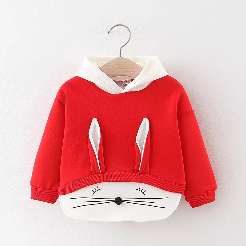 Höst vinter plus sammet flicka kläder bomull långa ärmar hoodies tröjor tecknade öra sportkläder barn t-shirt toppar: Röd / 12m