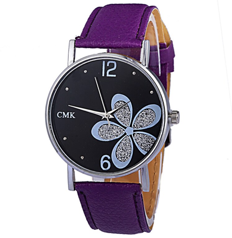 Horloges Vrouwen Mode Lederen Band Bloem Vrouwelijke Klok Dames Quartz Polshorloge Montre Femme Relogio Feminino: purple